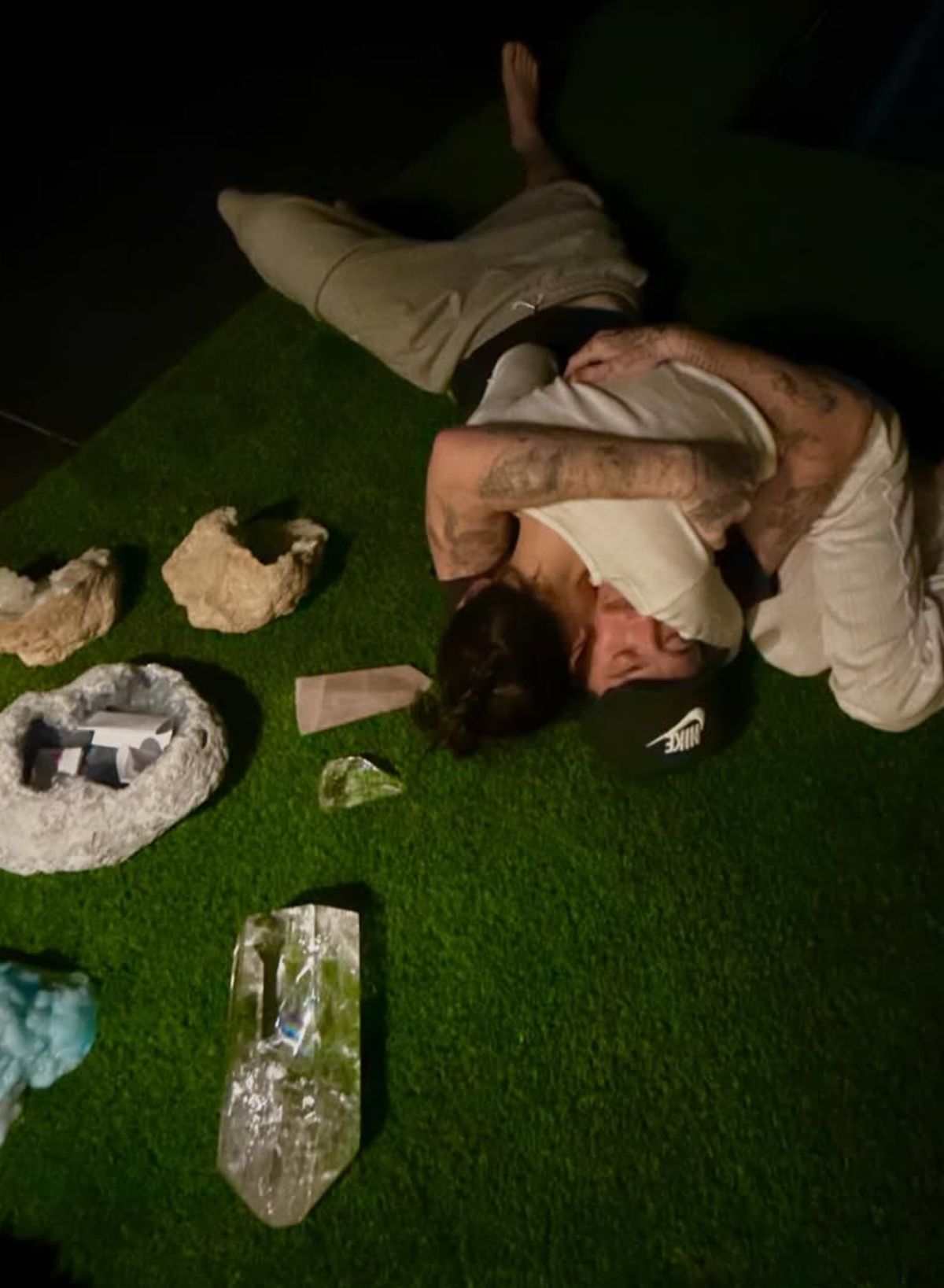 Meanwhile, Brooklyn and his wife Nicola were taking part in crystal healing