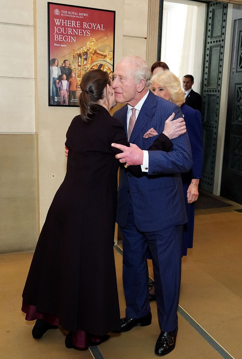 King Charles III and Queen Camilla are greeted by Lady Sarah Chatto during a visit to the Queen Elizabeth II: Her Life in Style exhibition at The King's Gallery at Buckingham Palace on April 20, 2026 in London, England. 
