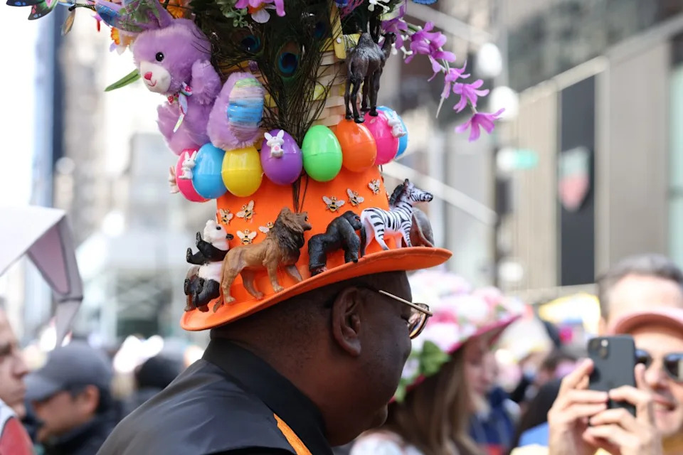 NEW YORK, NEW YORK – MARCH 31: People wear costumes and custom bonnets at the 2024 Easter Bonnet Parade on March 31, 2024 in New York City. (Photo by Rob Kim/Getty Images)