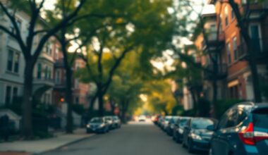 An abstract, impressionistic scene of a residential street in Manhattan, with blurred trees, houses, and parked cars in a warm, golden-toned color palette, conveying a sense of community and environmental care.