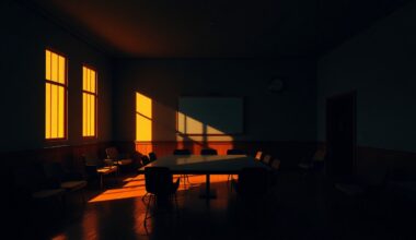 A dimly lit, cinematic painting of an empty community board meeting room, with warm sunlight streaming in through the windows and casting deep shadows across the empty chairs and tables, conveying a sense of quiet contemplation over the future of local governance.