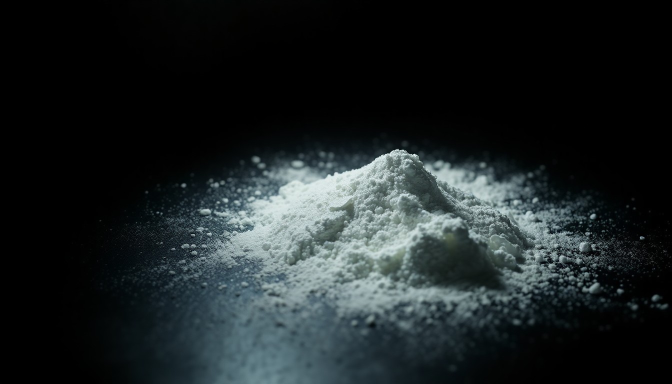 An extreme close-up photograph of a white, powdery substance on a dark surface, lit by a harsh, direct camera flash, creating a stark, gritty, and investigative aesthetic without depicting any violence or victims.