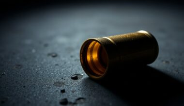 An extreme close-up of a spent shell casing reflecting a bright, direct flash of light, conceptually representing the investigation into firearms-related crimes.