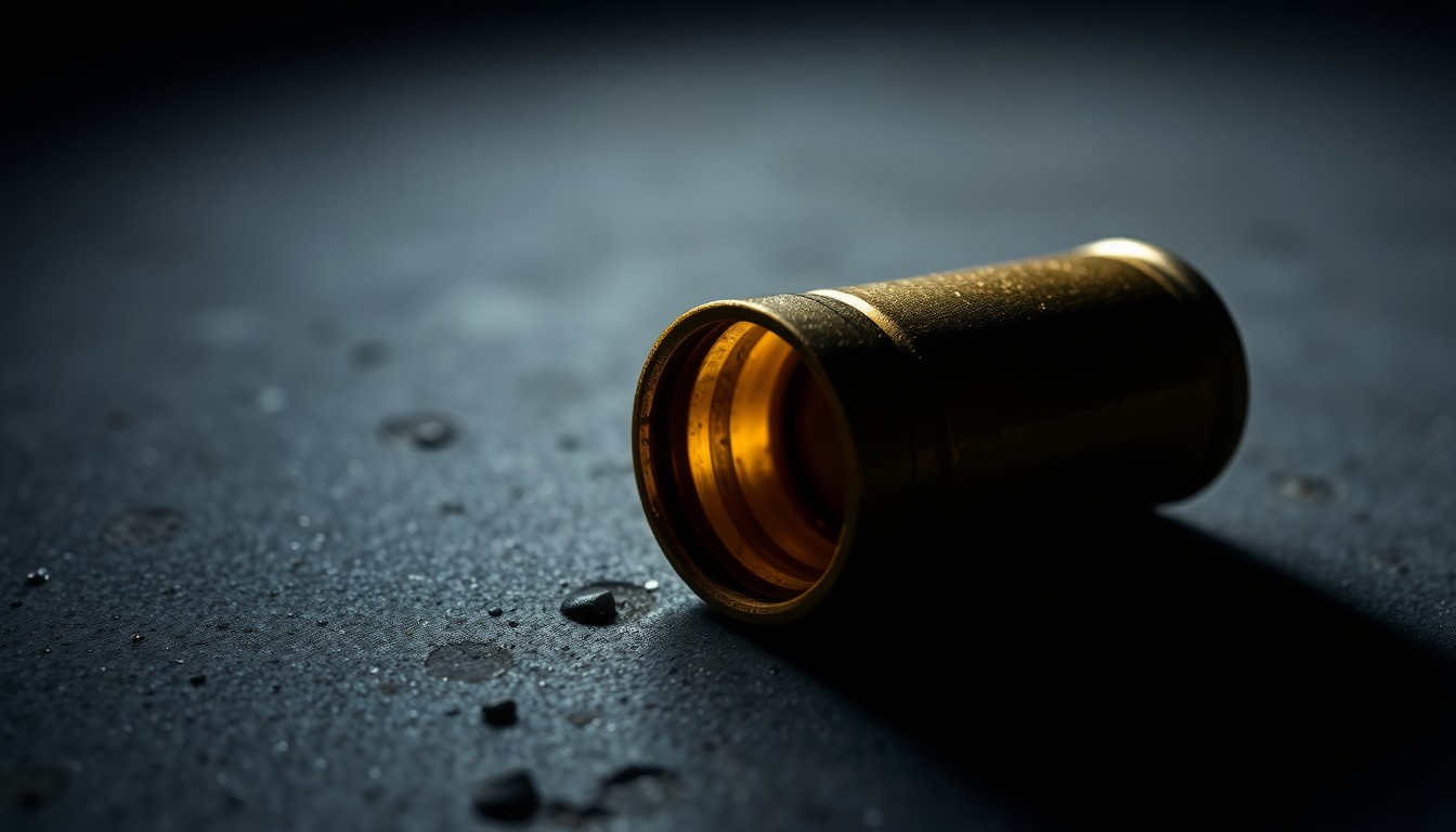An extreme close-up of a spent shell casing reflecting a bright, direct flash of light, conceptually representing the investigation into firearms-related crimes.