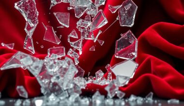 An abstract close-up image of shattered glass and crumpled red velvet fabric, conveying a sense of fractured power dynamics and tarnished glamour in the entertainment industry.