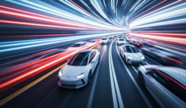 An abstract, colorful scene of blurred electric vehicles in motion, conveying a sense of speed, innovation, and the future of transportation.