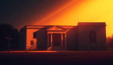 A serene, photorealistic painting of a government building or courthouse in warm, golden light, with deep shadows and a sense of solitude, conceptually representing the political tensions surrounding the Justice Department
