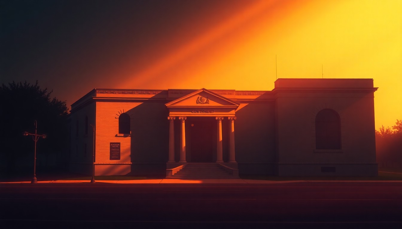 A serene, photorealistic painting of a government building or courthouse in warm, golden light, with deep shadows and a sense of solitude, conceptually representing the political tensions surrounding the Justice Department