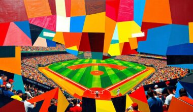 A cubist, geometric painting depicting a baseball game, with sharp, overlapping planes of bright red, blue, and yellow colors representing the dynamic action on the field.