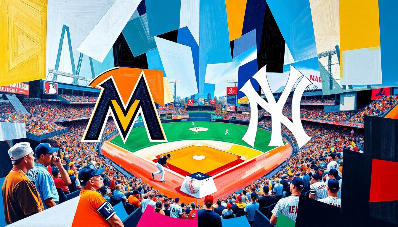 A fragmented, geometric painting depicting a baseball game in progress, with the players and field broken down into sharp, overlapping planes of color representing the Marlins