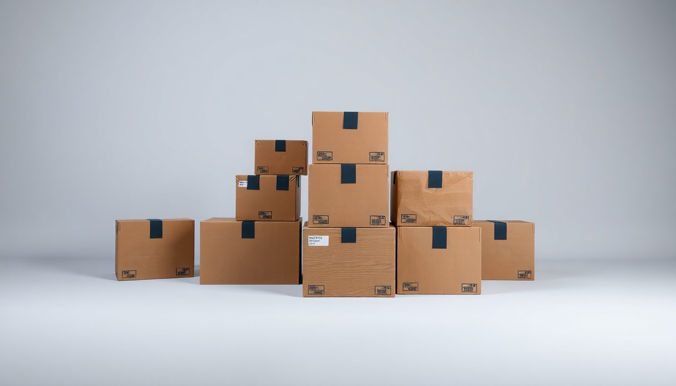 A minimalist studio photograph featuring a stack of premium shipping boxes arranged elegantly on a clean, monochromatic background, conceptually representing the global logistics industry.