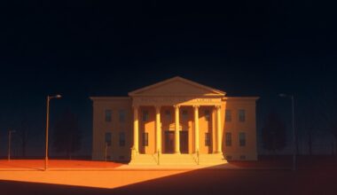 A dimly lit, cinematic painting of a government building or courthouse, with warm light streaming in through the windows and deep shadows across the facade, conveying a sense of quiet contemplation and unease about the implications of this political appointment.