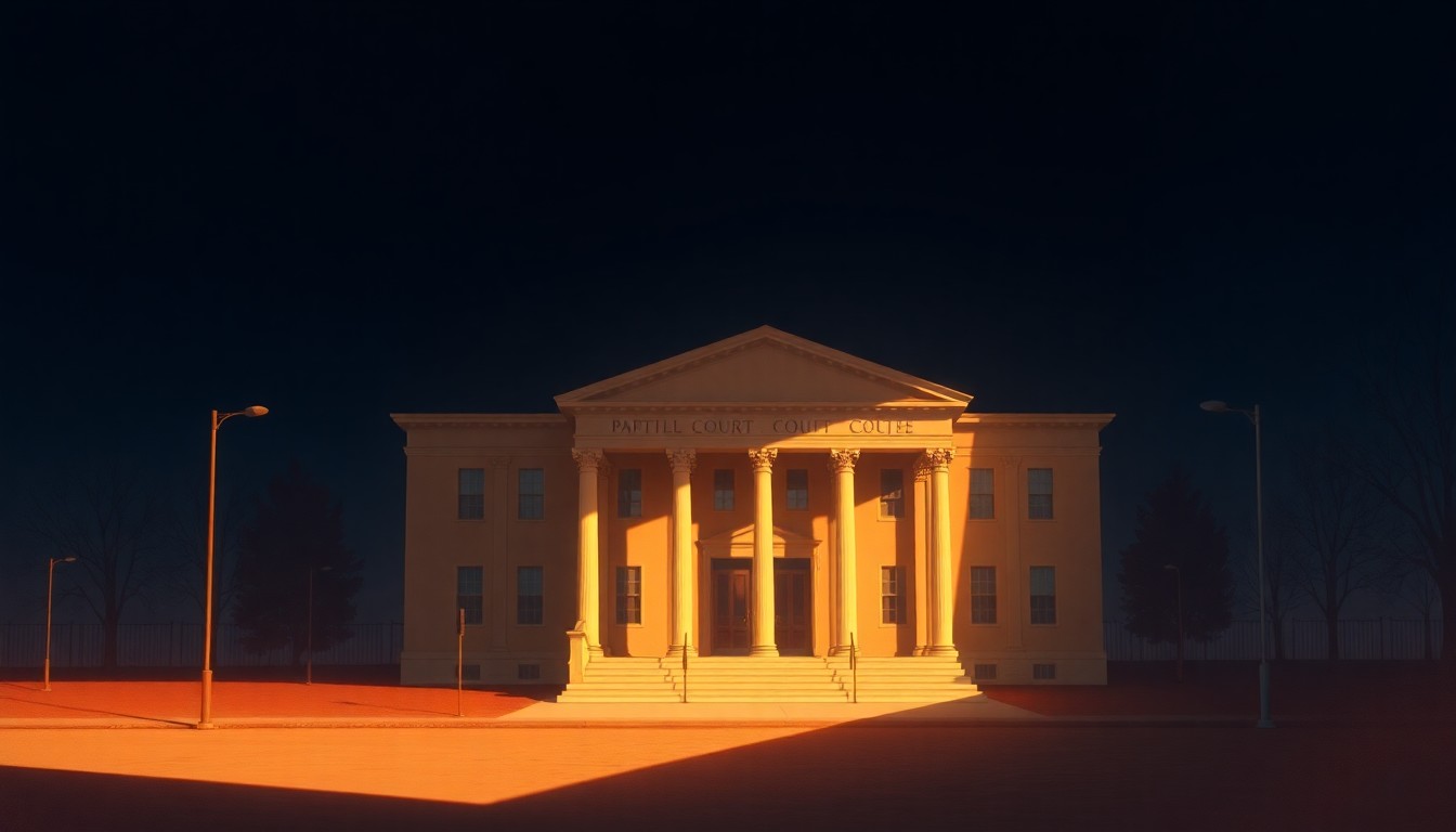 A dimly lit, cinematic painting of a government building or courthouse, with warm light streaming in through the windows and deep shadows across the facade, conveying a sense of quiet contemplation and unease about the implications of this political appointment.