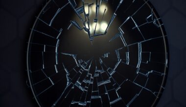 An extreme close-up of a cracked and shattered mirror reflecting a faint, somber light, conceptually representing the breakdown of trust and strained personal relationships within the British royal family.