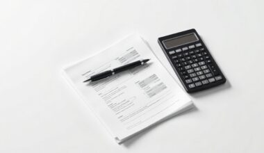 A high-end, photorealistic studio still-life photograph featuring a stack of financial documents, a pen, and a calculator arranged elegantly on a clean, monochromatic background, conceptually representing the abstract ideas of corporate finance, auditing, and governance.