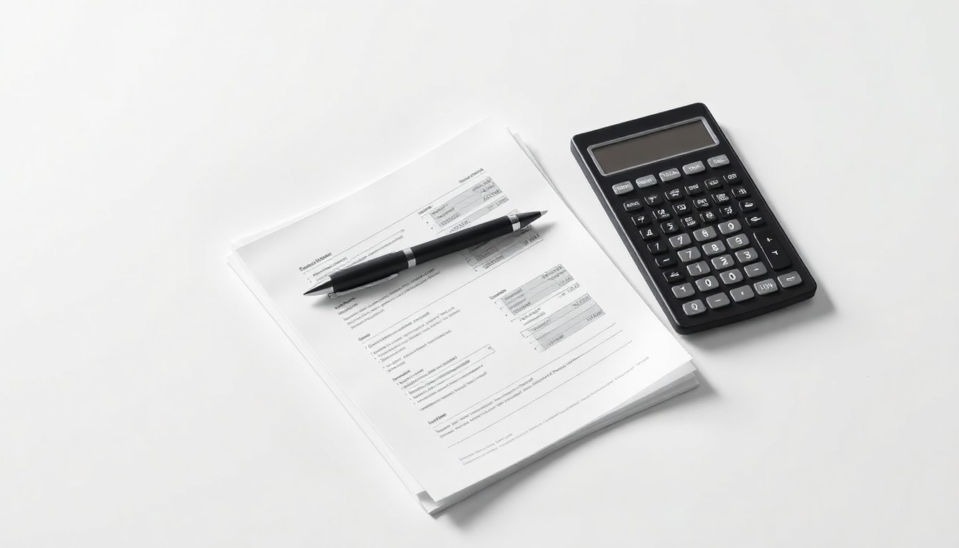 A high-end, photorealistic studio still-life photograph featuring a stack of financial documents, a pen, and a calculator arranged elegantly on a clean, monochromatic background, conceptually representing the abstract ideas of corporate finance, auditing, and governance.