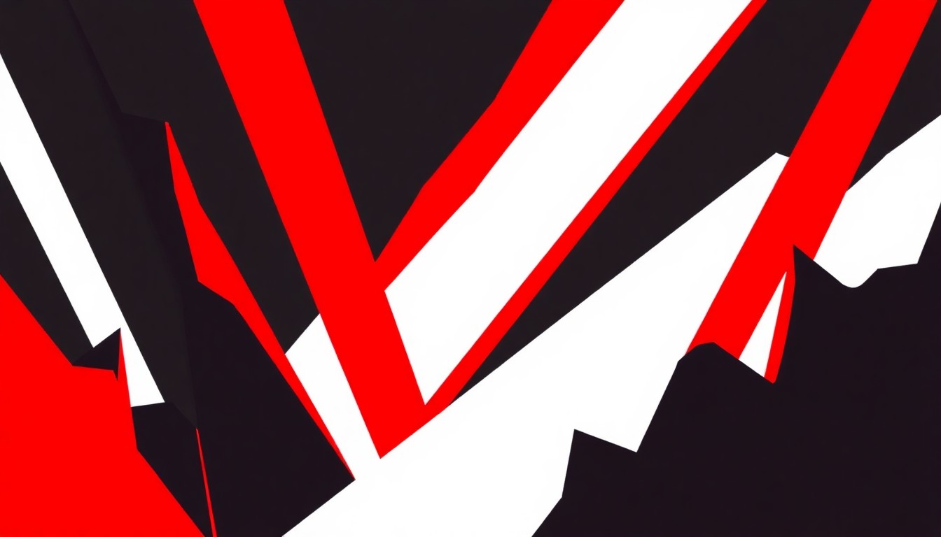 An abstract, minimalist illustration featuring bold, jagged shapes in red and white, capturing the high-energy, escapist spirit of an electronic music festival.