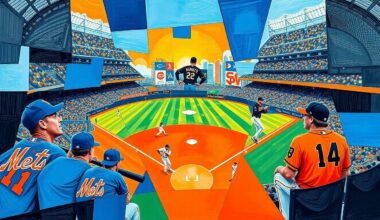 A fractured, geometric painting depicting a baseball game between the New York Mets and San Francisco Giants, with the players and field broken down into sharp, overlapping planes of color.
