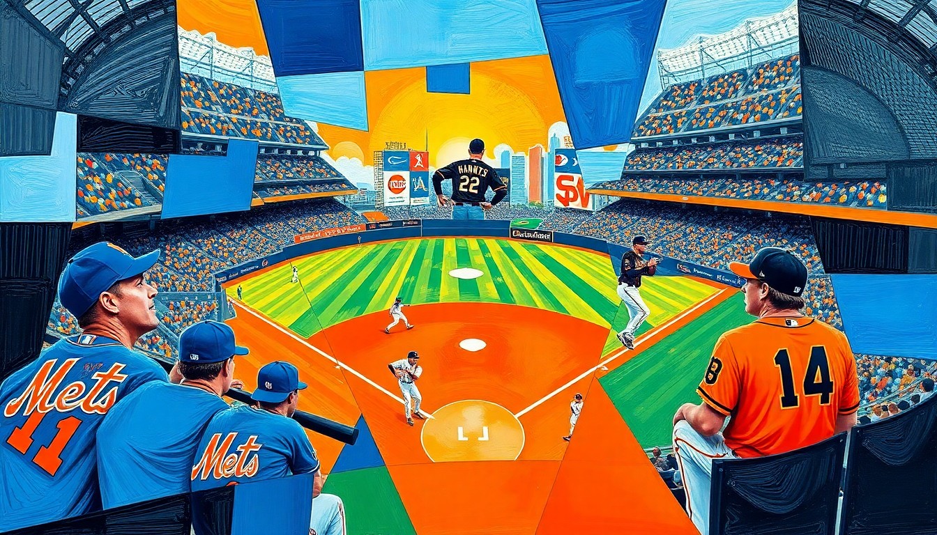A fractured, geometric painting depicting a baseball game between the New York Mets and San Francisco Giants, with the players and field broken down into sharp, overlapping planes of color.