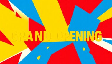 An abstract, minimalist illustration composed of striking red, yellow, and blue geometric shapes, conveying the high-energy, celebratory atmosphere of a retail grand opening event.