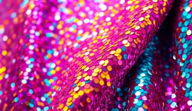 An abstract close-up photograph of shimmering, textured fabric in bold, jewel-toned colors, evoking the glamour and energy of the music industry.