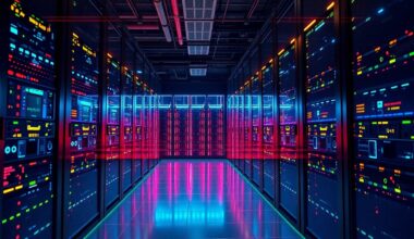 A highly detailed 3D illustration of glowing, neon-lit data center hardware and server racks, representing the growing investment in AI infrastructure that is impacting entry-level tech jobs.