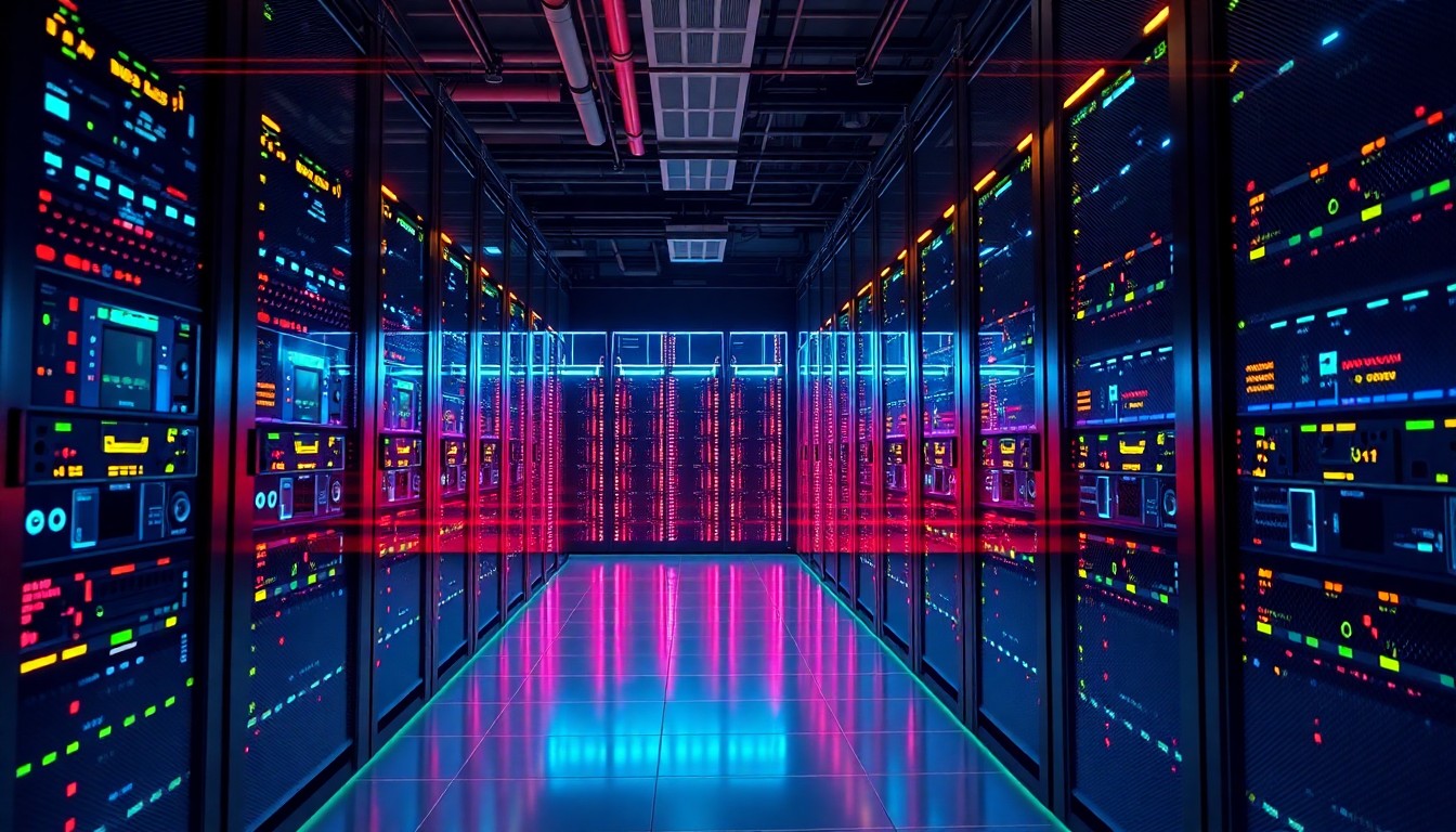 A highly detailed 3D illustration of glowing, neon-lit data center hardware and server racks, representing the growing investment in AI infrastructure that is impacting entry-level tech jobs.