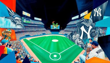 A fractured, multi-perspective painting in bold, clashing colors that breaks down a baseball game between the Miami Marlins and New York Yankees into sharp, overlapping geometric shapes, conceptually representing the high-stakes clash between the two teams.