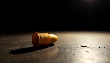 An extreme close-up photograph of a single spent shell casing on a dark, textured surface, lit by a harsh, direct camera flash, conceptually representing the evidence of a fatal shooting.