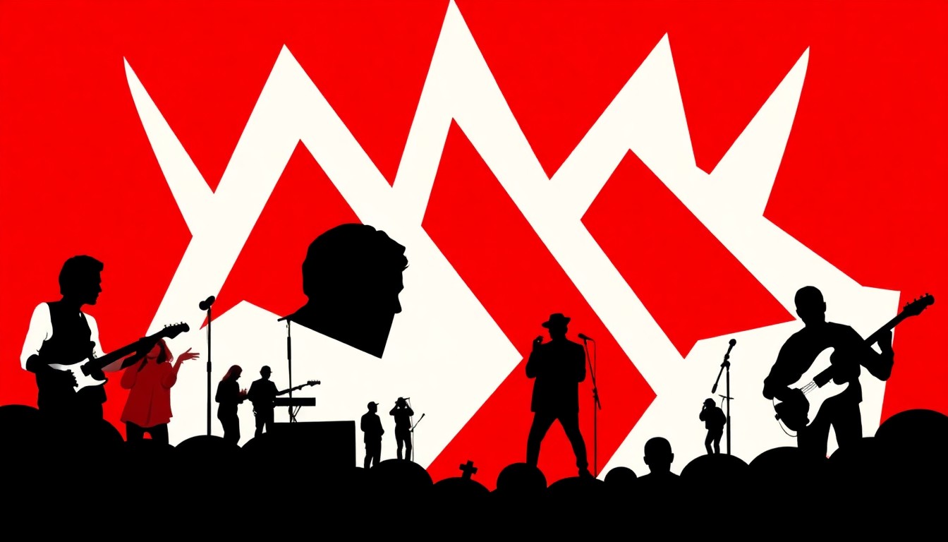 An abstract, minimalist illustration featuring bold, jagged shapes in shades of red and white, conceptually representing the energy and variety of the live music performances happening in Richmond.