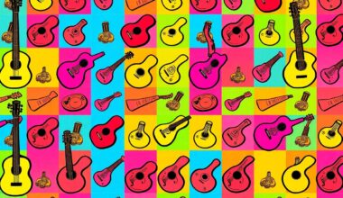 A high-contrast, silkscreen-style grid of a traditional musical instrument, such as a sitar or tabla drum, rendered in bold, neon-bright colors against a stark black background, conceptually representing the multicultural elements of a school event.
