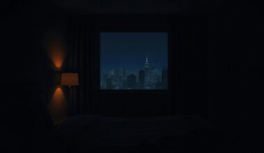 A moody, cinematic painting of a dimly lit hotel room interior with a single window overlooking a city skyline at night, conceptually representing the disturbing revelations about Epstein