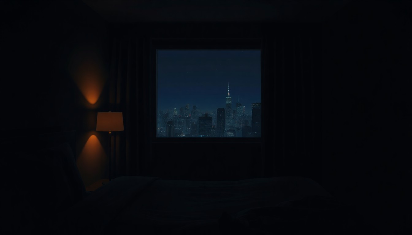 A moody, cinematic painting of a dimly lit hotel room interior with a single window overlooking a city skyline at night, conceptually representing the disturbing revelations about Epstein