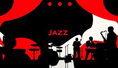 A dynamic abstract composition of geometric black shapes and bold red and white accents, conceptually representing the energy and excitement of a jazz club