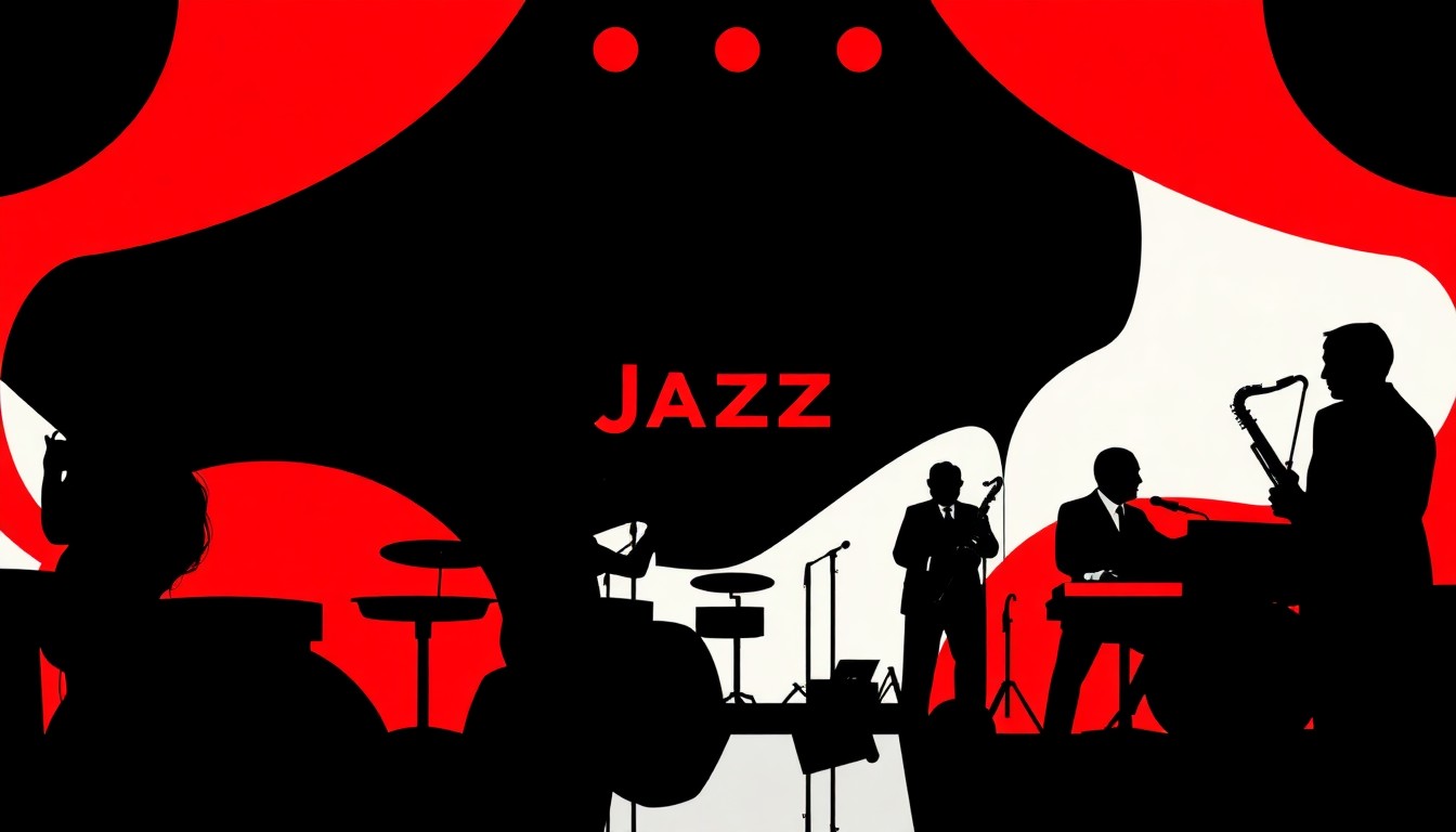 A dynamic abstract composition of geometric black shapes and bold red and white accents, conceptually representing the energy and excitement of a jazz club