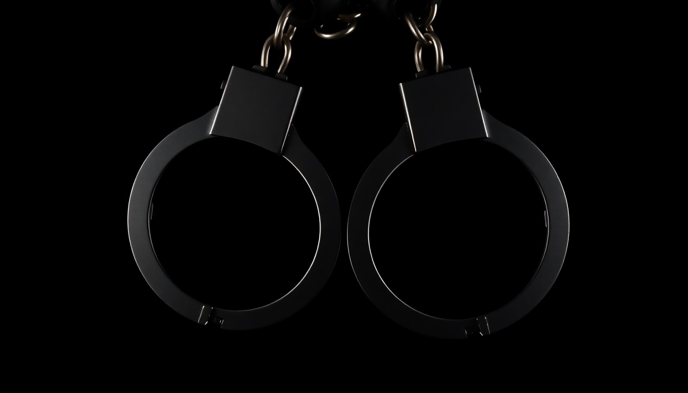 An extreme close-up photograph of a pair of metal handcuffs against a completely black background, the harsh lighting creating dramatic shadows and textures to convey the gravity of the alleged crimes.