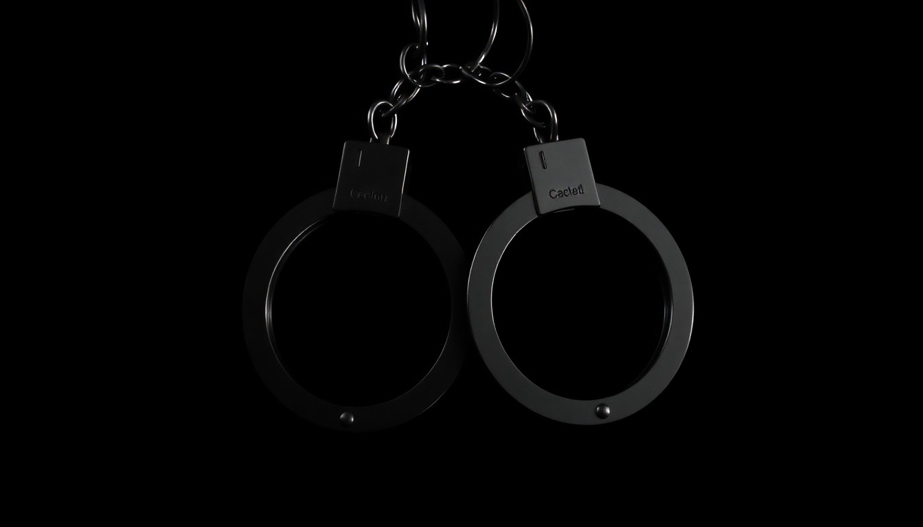 An extreme close-up photograph of a pair of handcuffs against a pitch-black background, creating a stark, gritty, investigative aesthetic through the use of harsh, direct camera flash lighting.