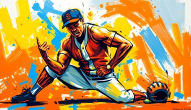 An abstract, expressionist painting in neon colors, featuring bold, sweeping brushstrokes that capture the energy and emotion of a baseball player in a dramatic, kneeling pose.