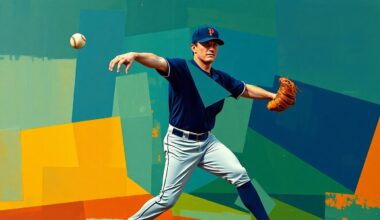 A fractured, geometric painting depicting a baseball pitcher