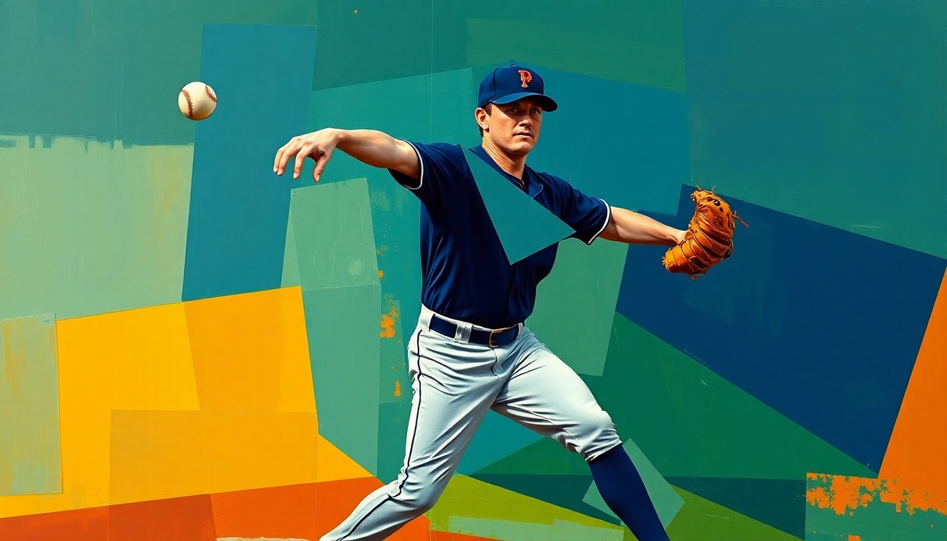 A fractured, geometric painting depicting a baseball pitcher