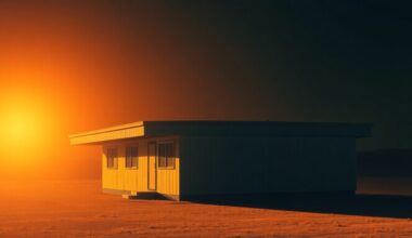 A photorealistic painting of a nondescript multi-story building in muted tones of brown and gray, with warm sunlight streaming in from the left side and deep shadows on the right, conveying a sense of quiet melancholy and the weight of institutional neglect.