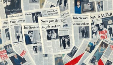 An avant-garde painting of a swirling, fragmented image of newspaper headlines and job seekers, repeated in overlapping, geometric waves of muted blue, grey, and red tones, conceptually representing the complex debates around media coverage of immigration and employment issues.