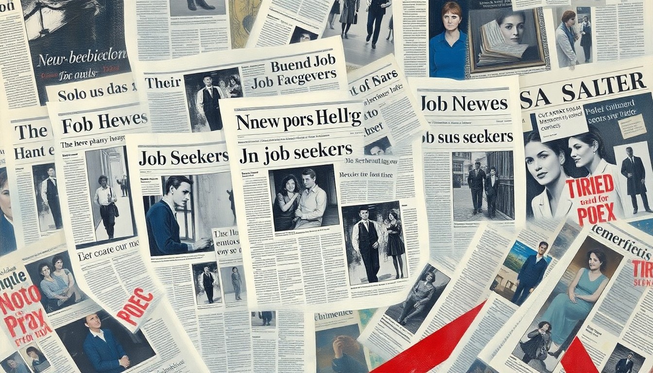 An avant-garde painting of a swirling, fragmented image of newspaper headlines and job seekers, repeated in overlapping, geometric waves of muted blue, grey, and red tones, conceptually representing the complex debates around media coverage of immigration and employment issues.