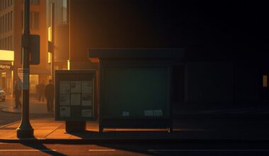 A dimly lit, cinematic painting of an empty newsstand on a city street corner, with warm sunlight and deep shadows creating a sense of solitude and nostalgia.