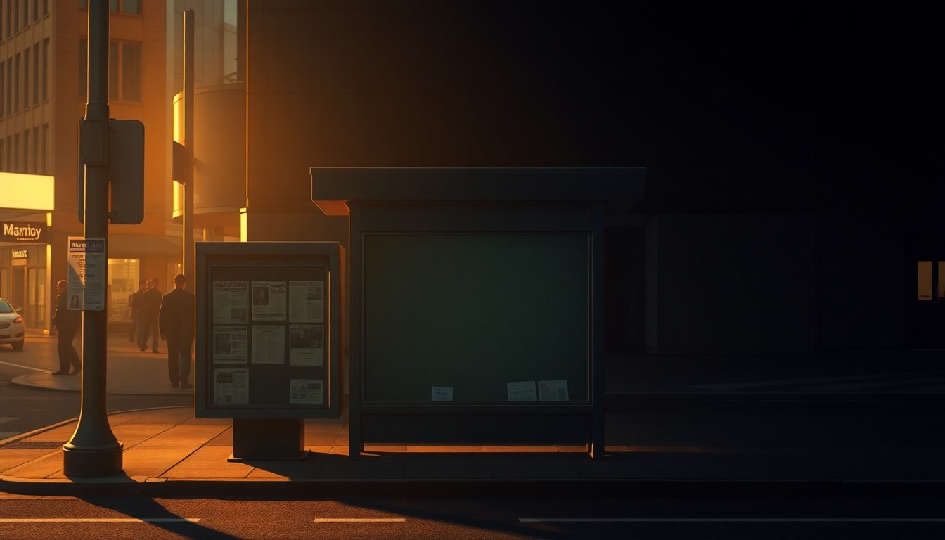 A dimly lit, cinematic painting of an empty newsstand on a city street corner, with warm sunlight and deep shadows creating a sense of solitude and nostalgia.