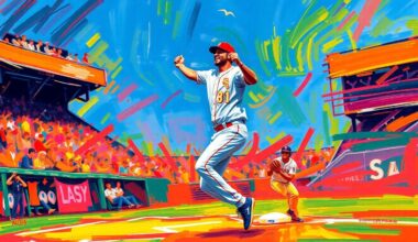 An abstract, textured painting in bright neon colors depicting the dynamic motion and energy of a baseball player celebrating on the field.