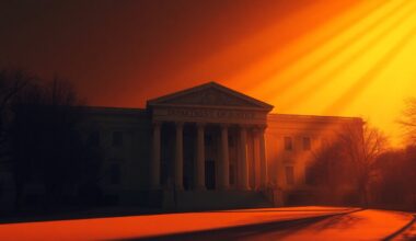 A cinematic painting of a government building in warm, golden light, with deep shadows suggesting an atmosphere of institutional unease and political tension.