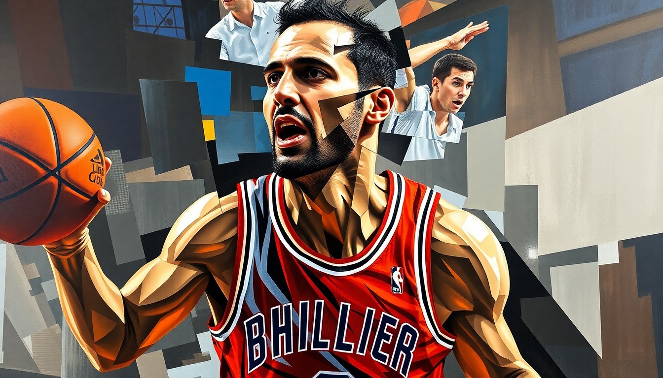 A fragmented, geometric painting depicting the dynamic movements of a basketball player, with sharp planes of color and form representing the sport