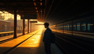 A solitary figure stands alone on a train platform, surrounded by warm light and deep shadows, conceptually representing the isolation and uncertainty faced by young Germans under new travel restrictions.