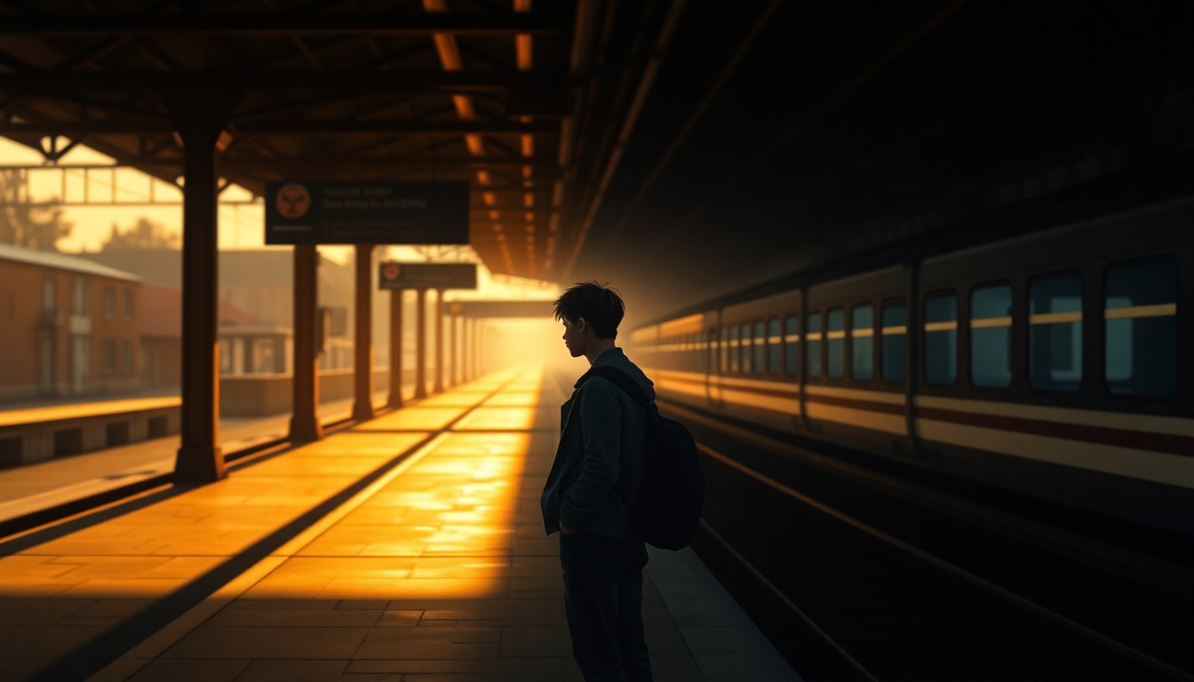 A solitary figure stands alone on a train platform, surrounded by warm light and deep shadows, conceptually representing the isolation and uncertainty faced by young Germans under new travel restrictions.